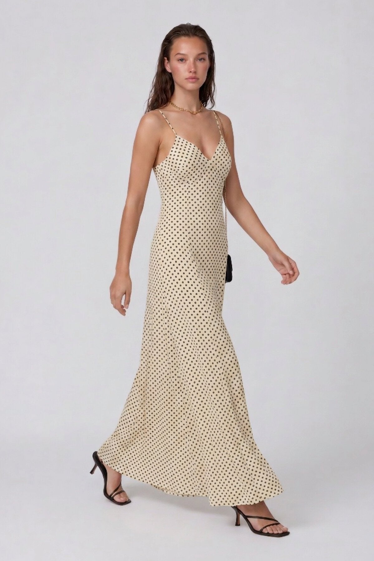 VAGGON Thin Strap Polka Dot Patterned Textured Maxi Dress - View 1