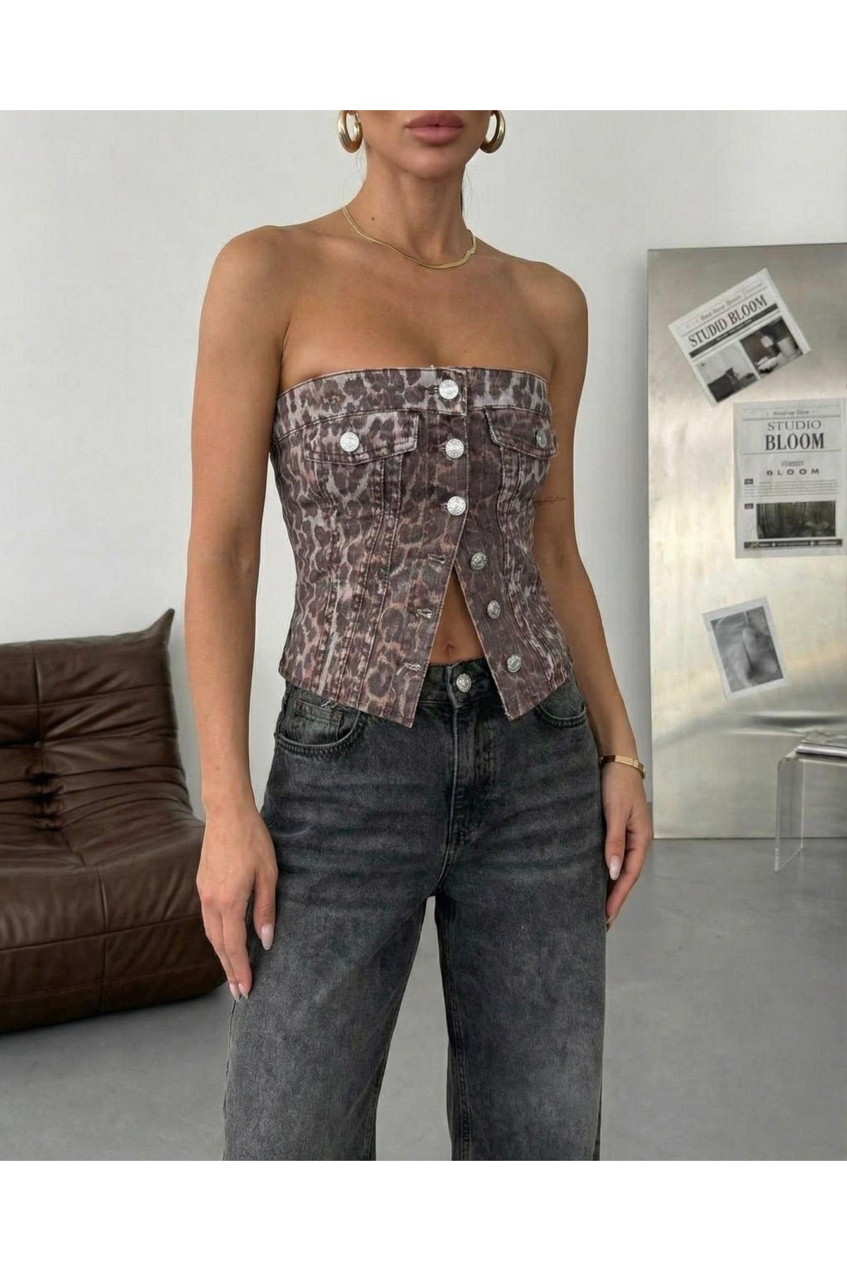 100% Cotton Denim Strapless Button-Front Crop Top