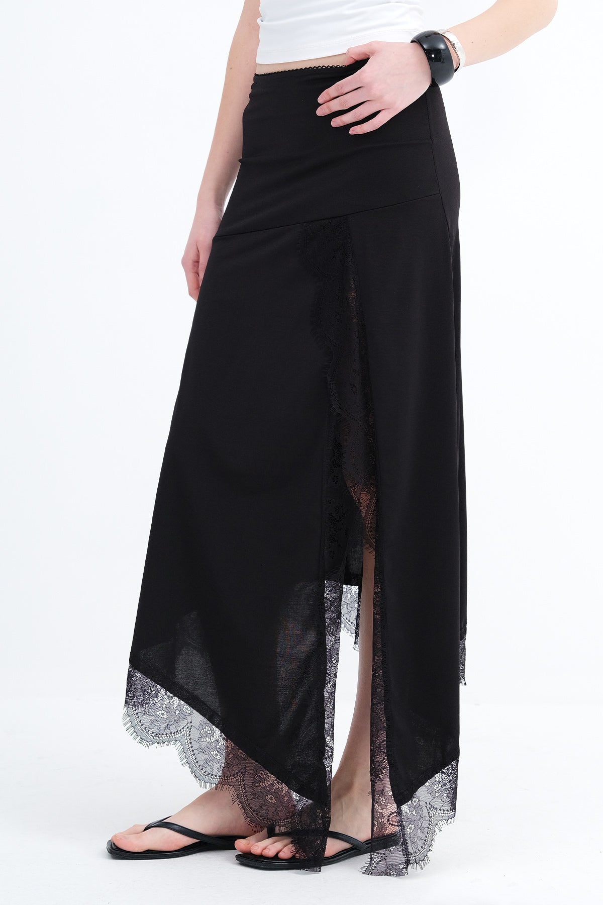 Asymmetric Cut Lace Detail Skirt E381 - Black