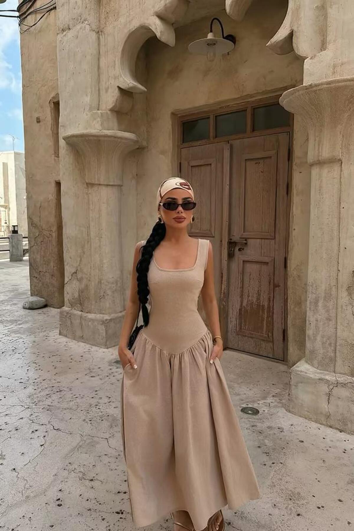 EYYO Beige Long Sleeve Maxi Dress - Side View