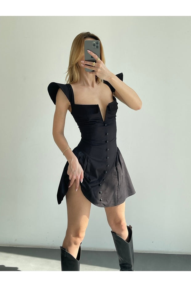 Back-Tie Poplin Mini Women's Dress - Black - Back view detail