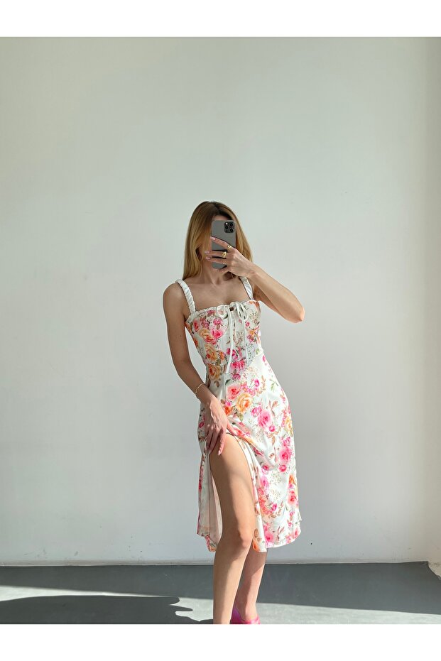 Women's White Floral Patterned Slit Midi Dress - Pattern detail