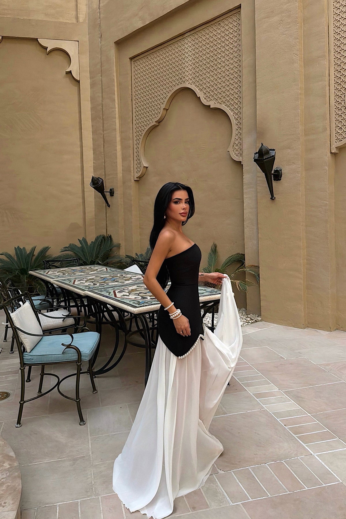 "Outta" Strapless Pearl Detail Long Evening Dress - Black