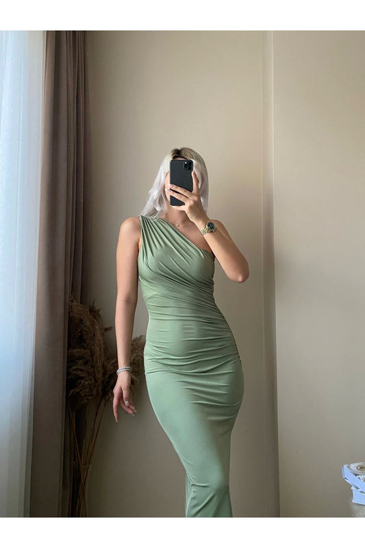 Shoulder Detail Draped Dress - Green