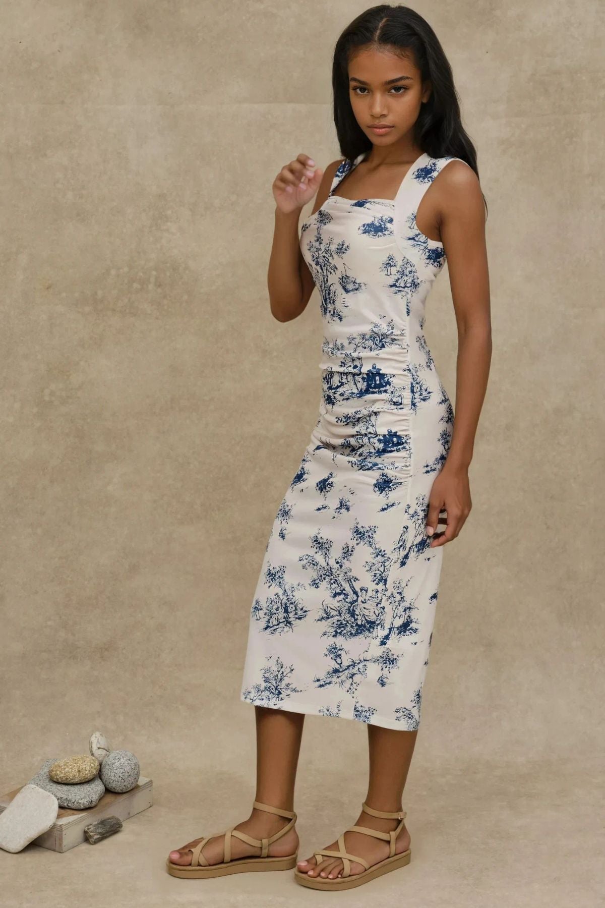 Hiccup Sleeveless Printed Bodycon Midi Dress – Blue