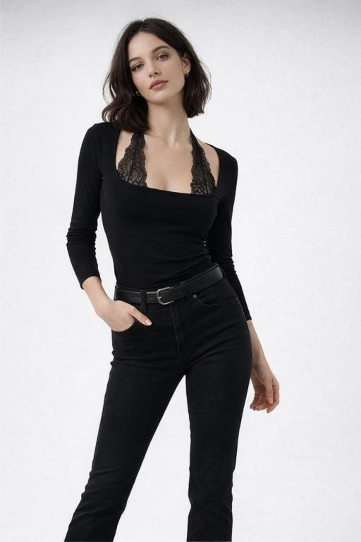 Tie-Front Lace Long Sleeve Blouse - Black