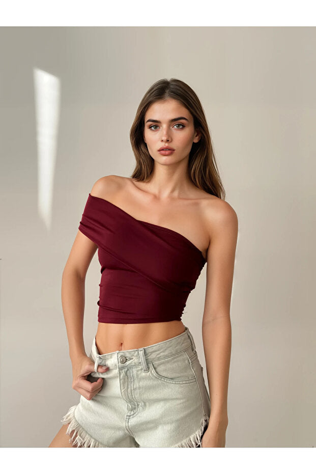 Women's One Shoulder Gathered Blouse - Burgundy