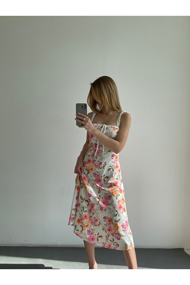 Women's White Floral Patterned Slit Midi Dress - Front view