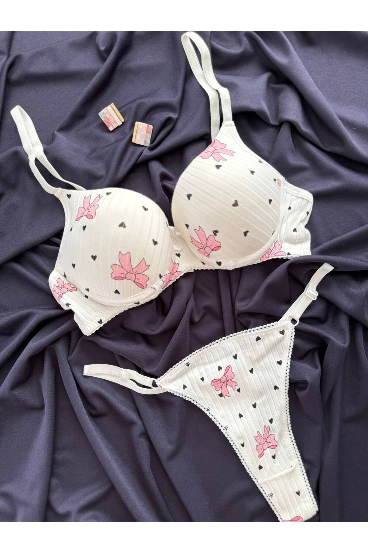 İNKO ribbon bow print white bra and thong lingerie set
