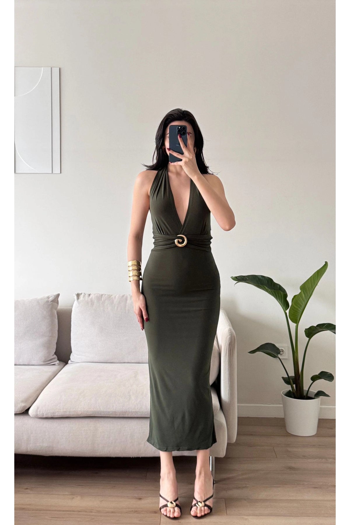 Neck Tie Buckle Long Dress - Khaki