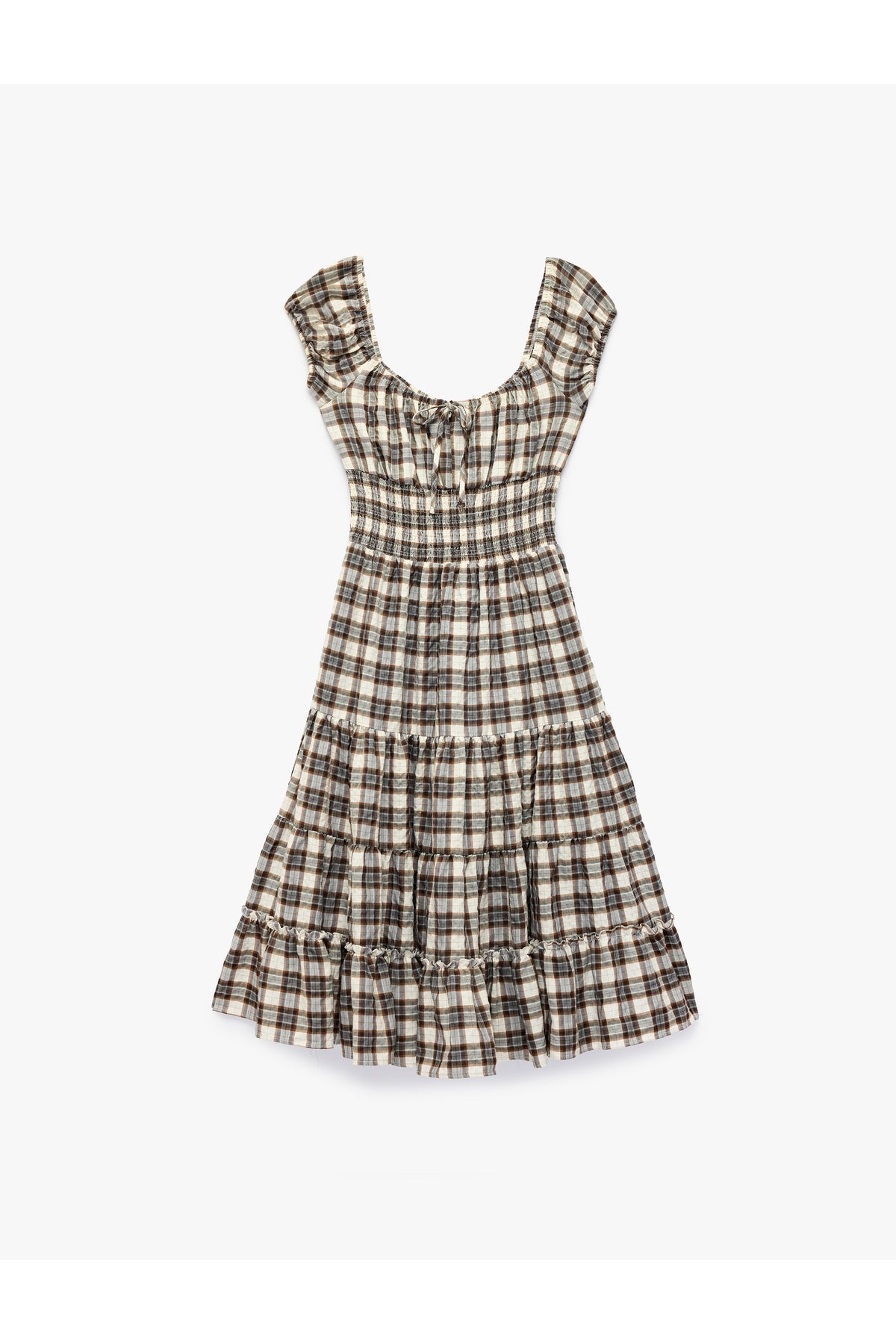 Koton Plaid Tiered Smocked Midi Dress Grey