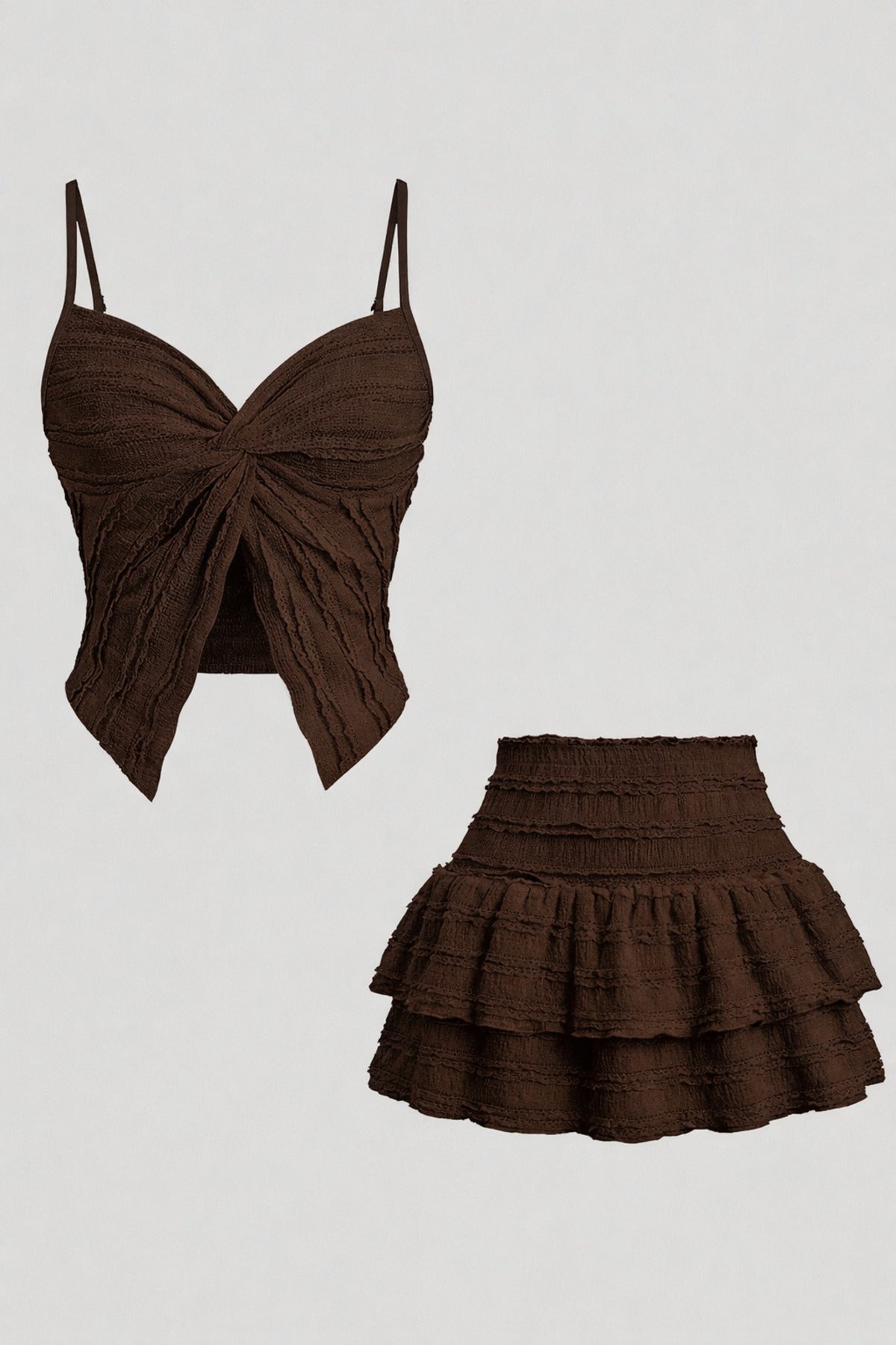 Ruffled Alaçatı Style Crop Blouse and Layered Mini Skort Set - Brown
