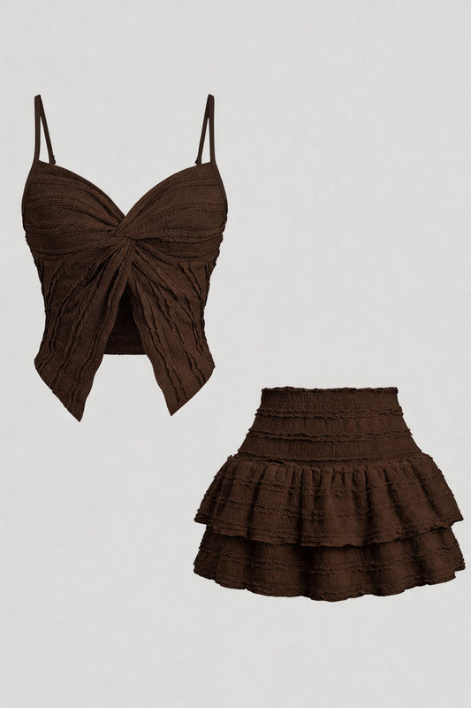 Ruffled Alaçatı Style Crop Blouse and Layered Mini Skort Set - Brown