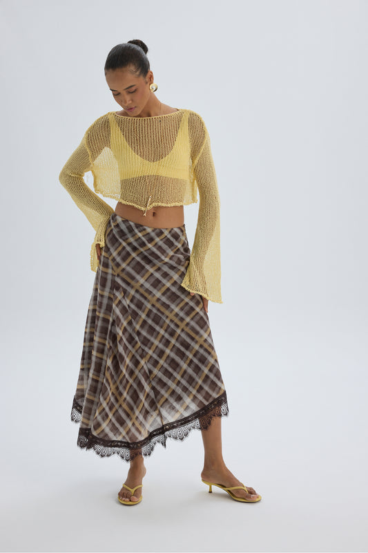 MAI STUDIOS CO Maffy Plaid Yellow Midi Skirt