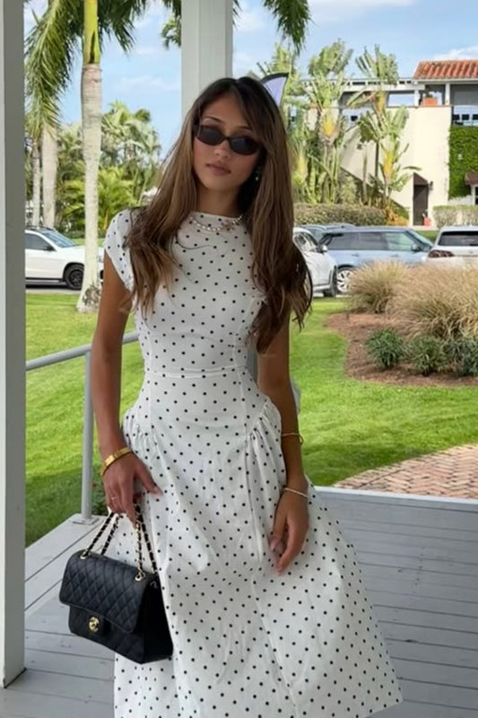 Belted Polka Dot Ruffle Dress HL027 - White