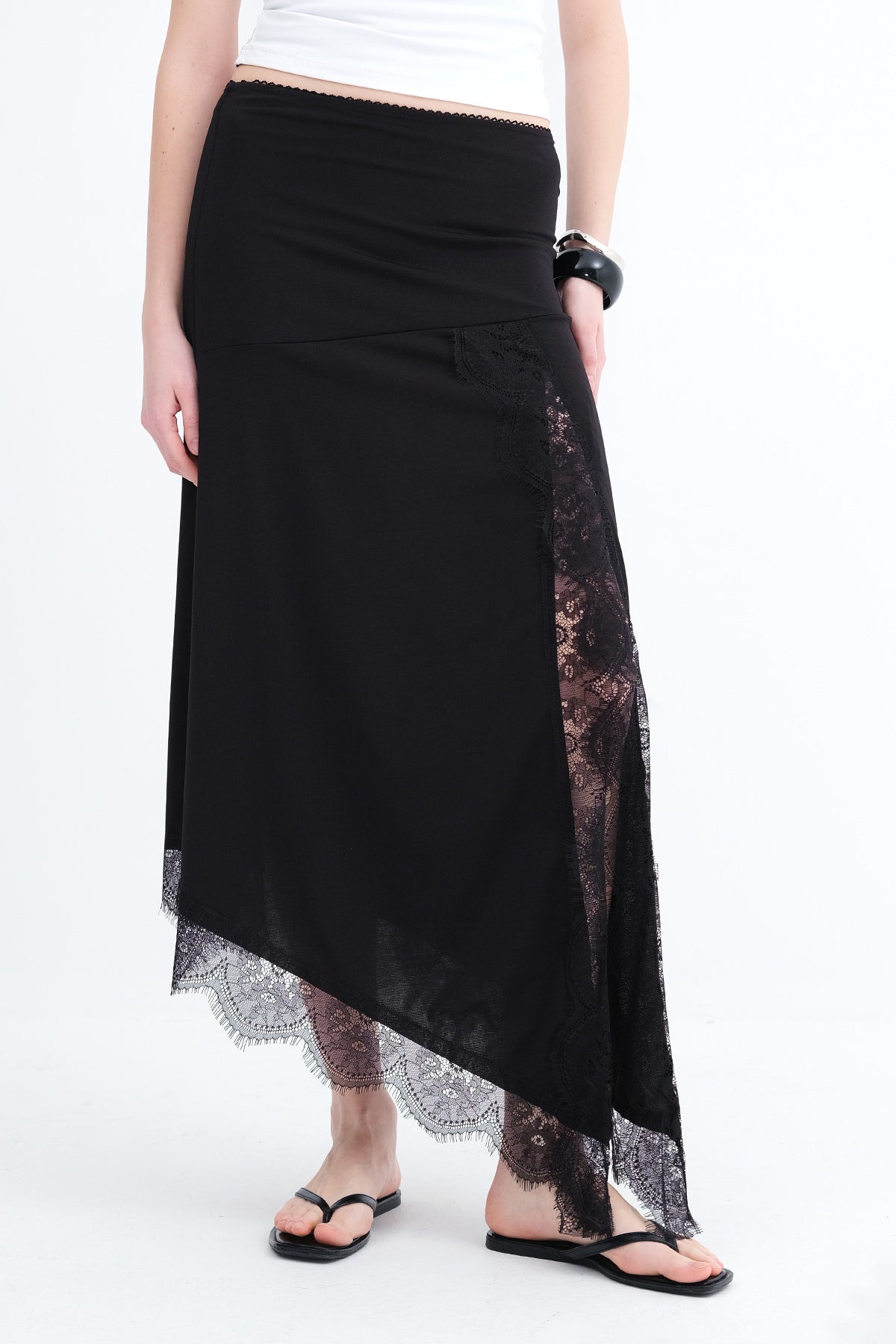 Asymmetric Cut Lace Detail Skirt E381 - Black side