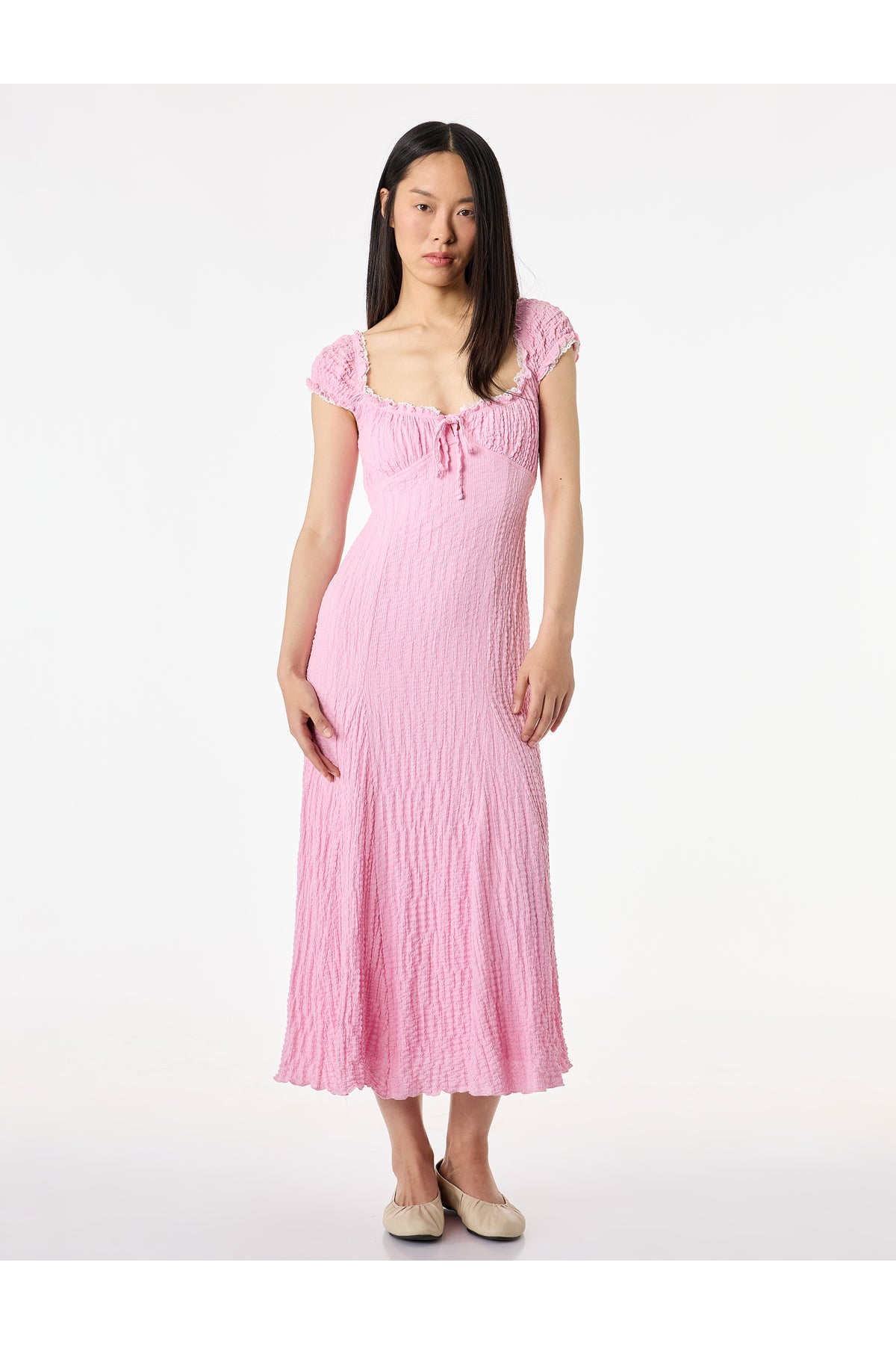 Koton Sleeveless Tie-Up U-Neck Crinkle Lace Detail Maxi Dress Pink