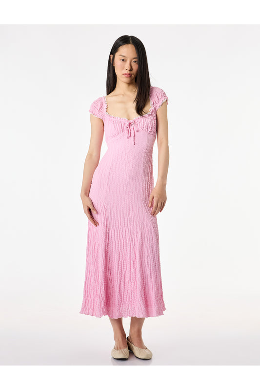 Koton Sleeveless Tie-Up U-Neck Crinkle Lace Detail Maxi Dress Pink