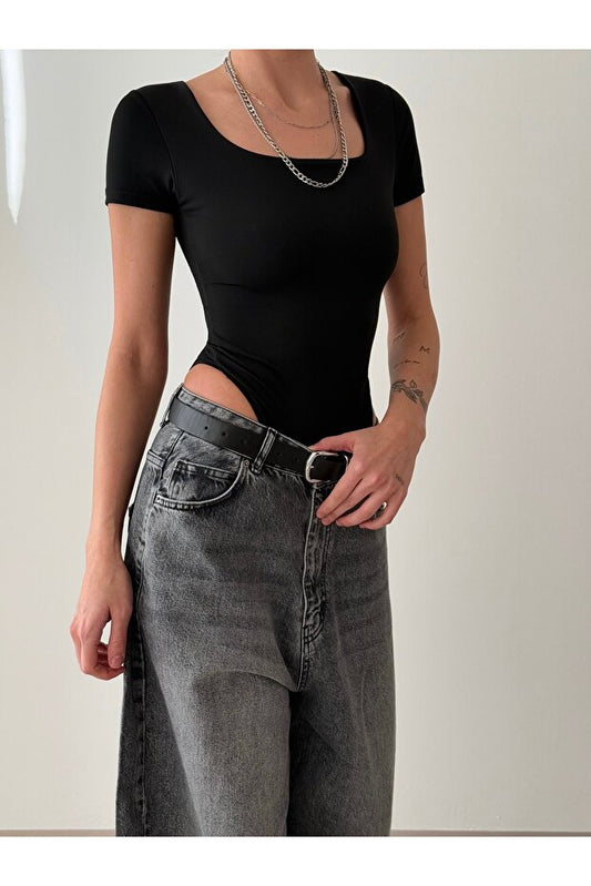 Women's Square Neck Bodysuit - Black