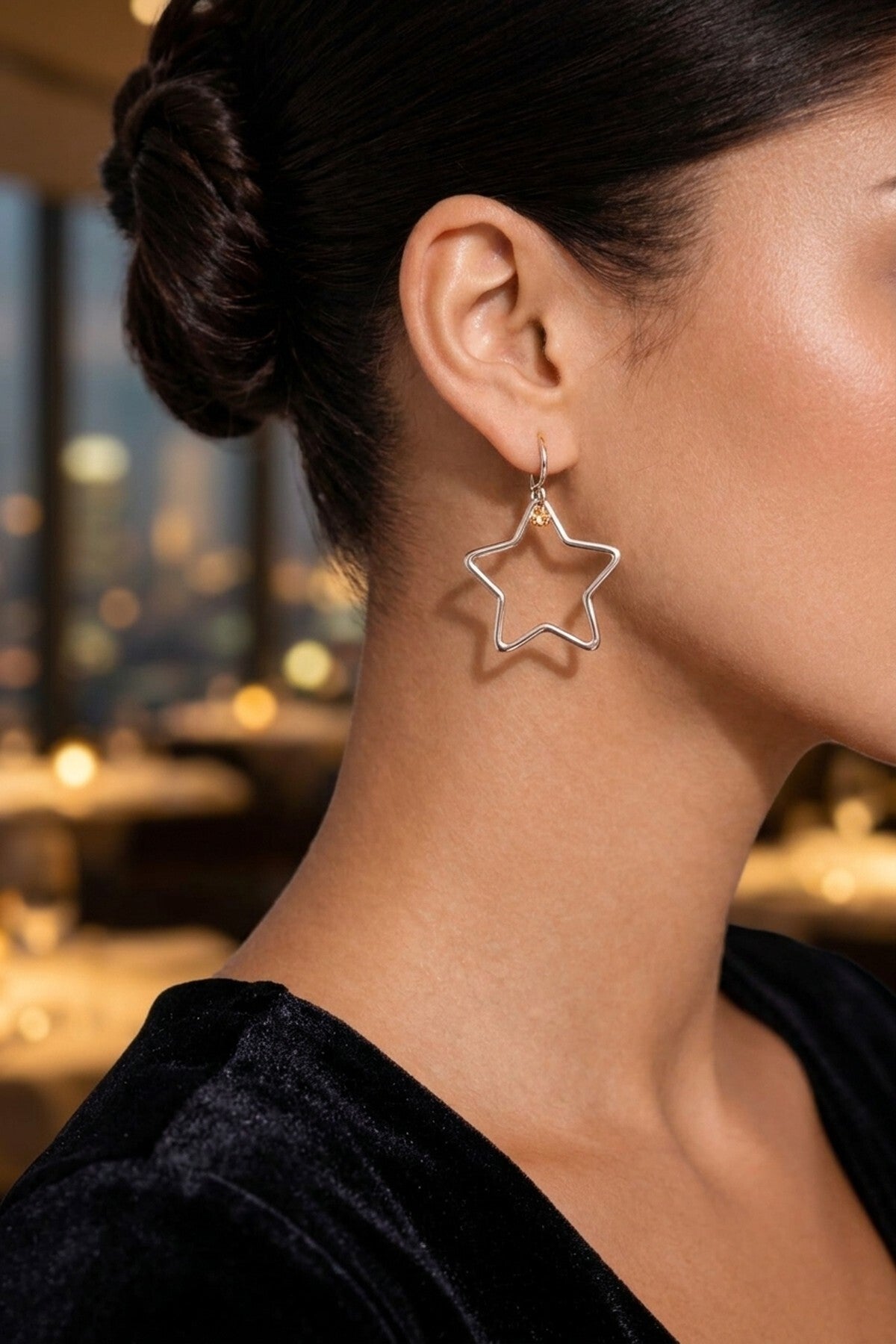 Jack Ferrero Women's Silver Steel Star Dangle Earrings front
