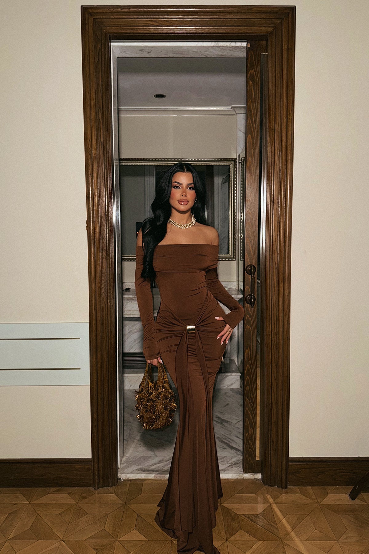 "Fallon" Boat Neck Long Sleeve Maxi Dress - Brown