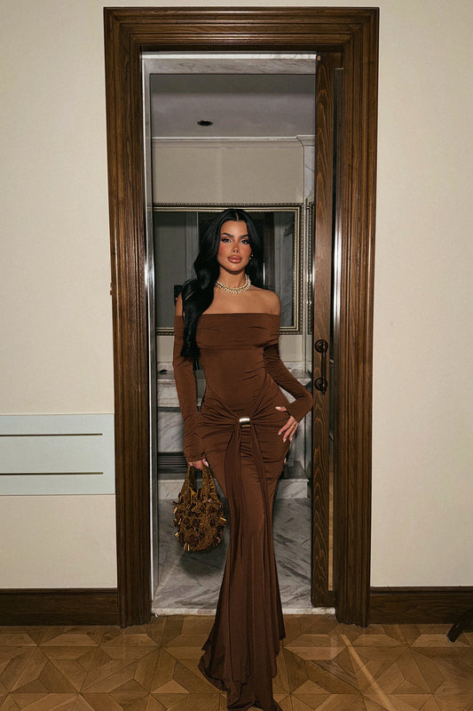 "Fallon" Boat Neck Long Sleeve Maxi Dress - Brown
