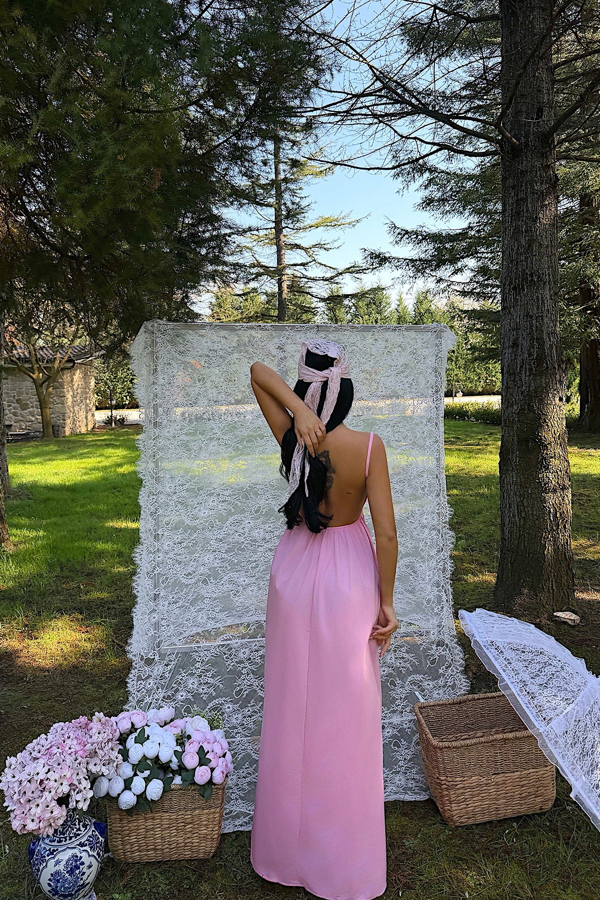 EYYO Stevie Pink V Neck Maxi Dress - Full View