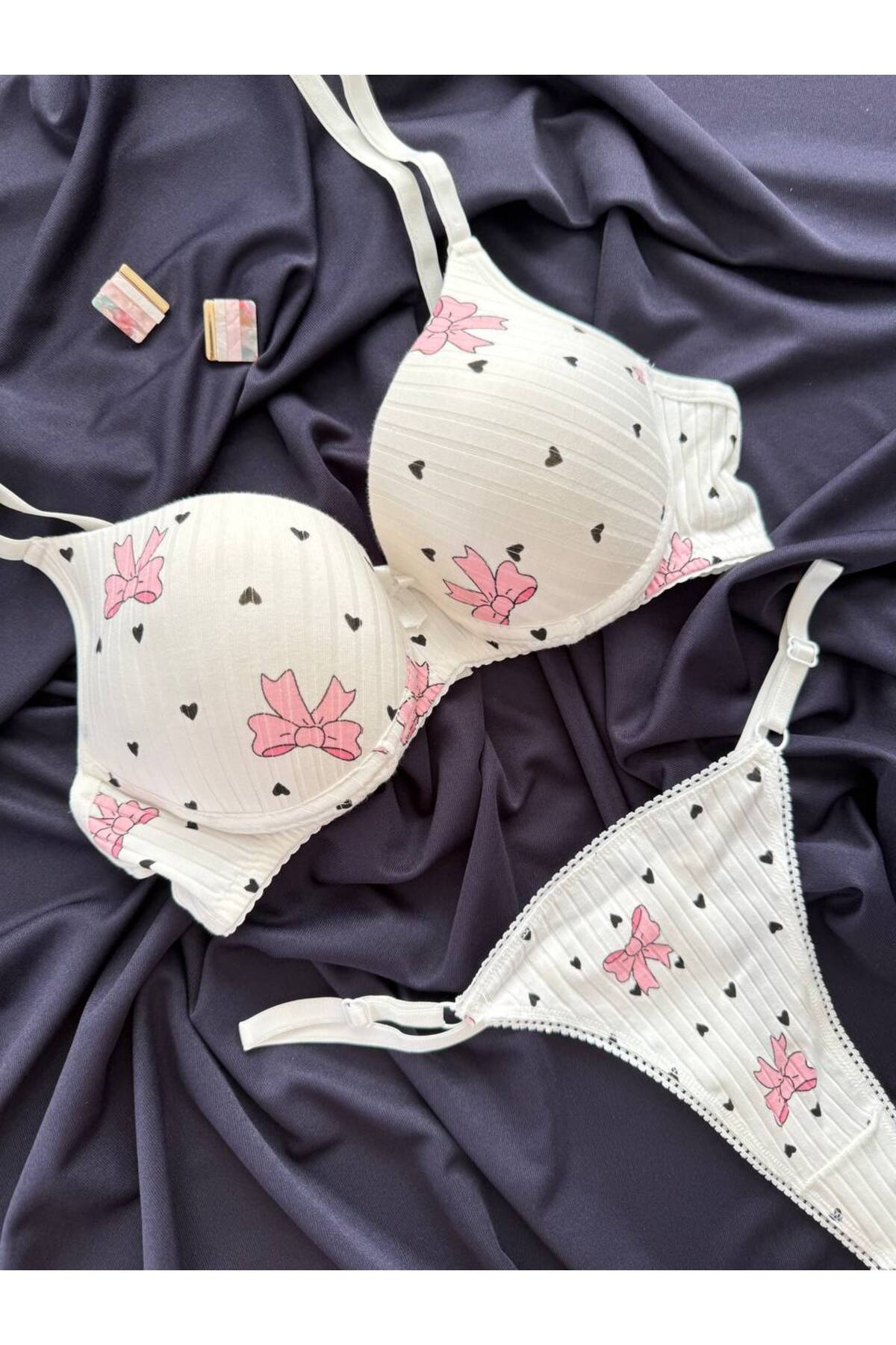 İNKO ribbon bow lingerie set white cotton