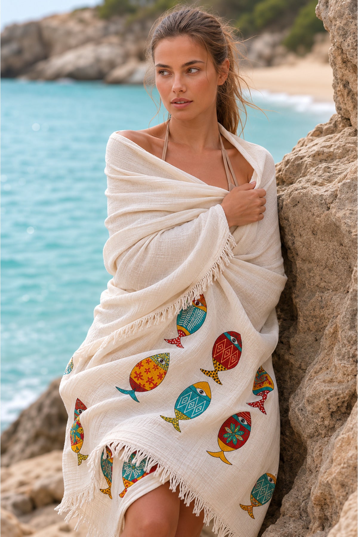 Vita 3-Layer Organic Muslin Peshtemal Beach Towel – Fish Print