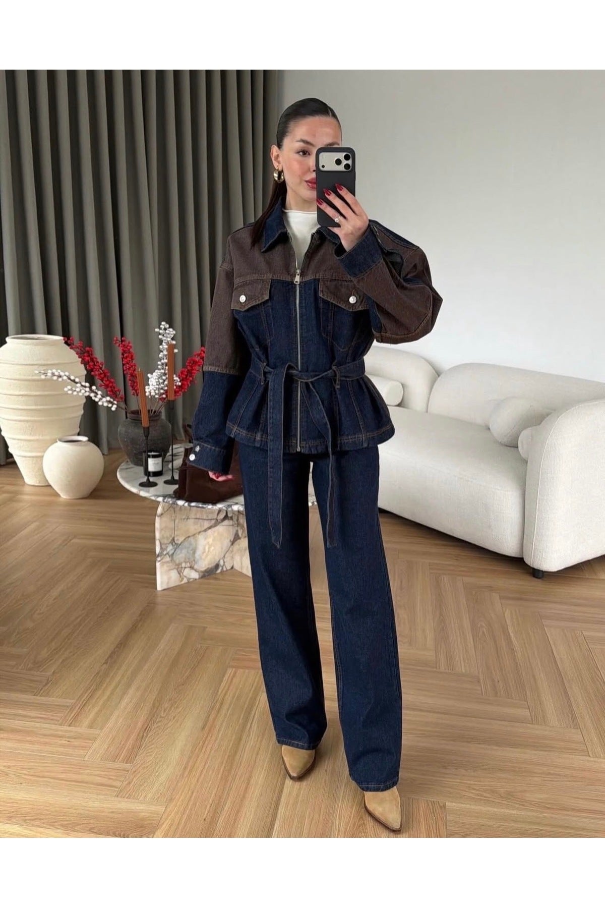 EKIM STORE Contrast Tie-Front Zip-Up Denim Jacket & Pants Set