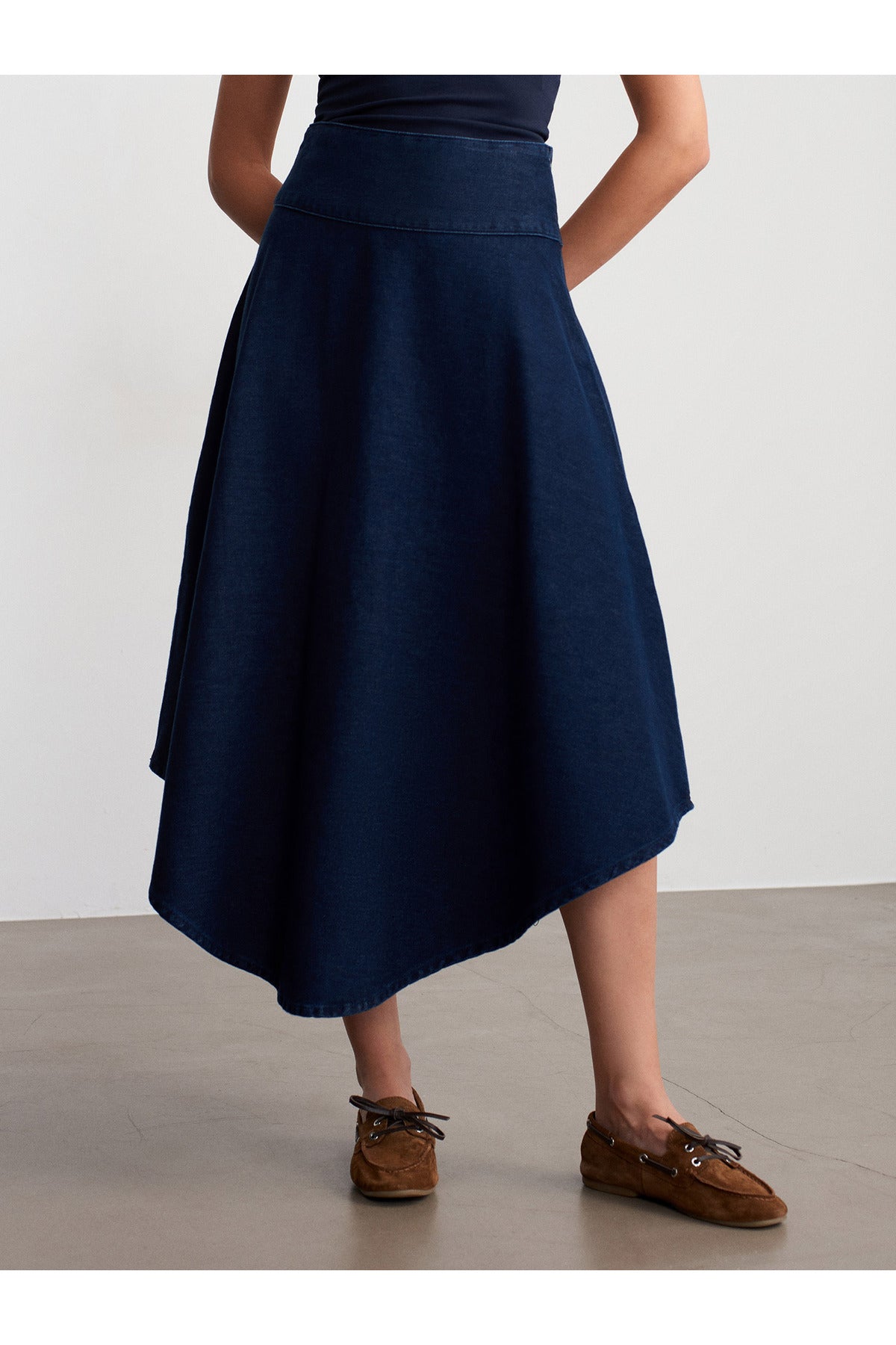100% Cotton Denim Flared Midi Skirt - Navy