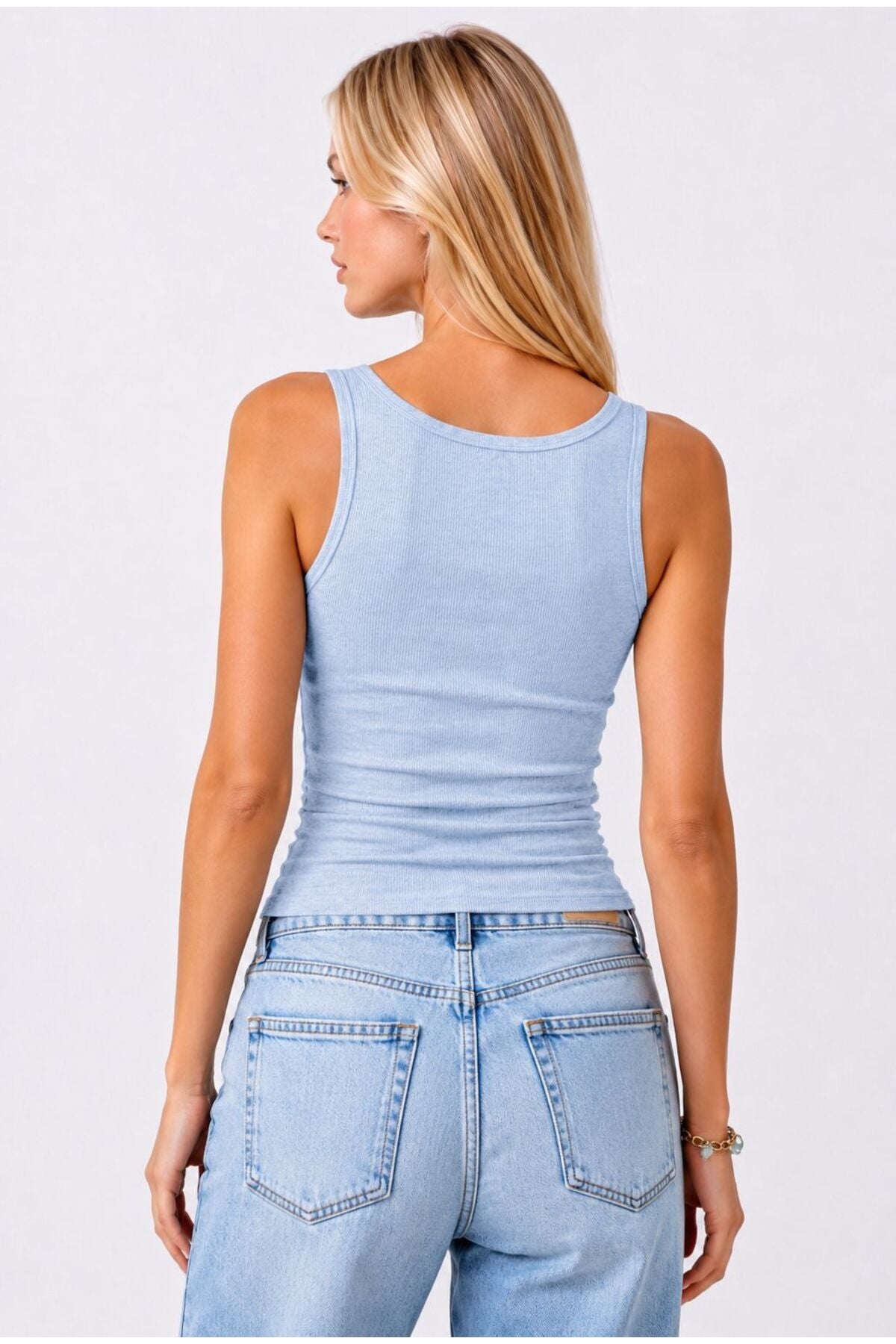 Lace Detail Shaping Ribbed Corset Tank Top - Blue back