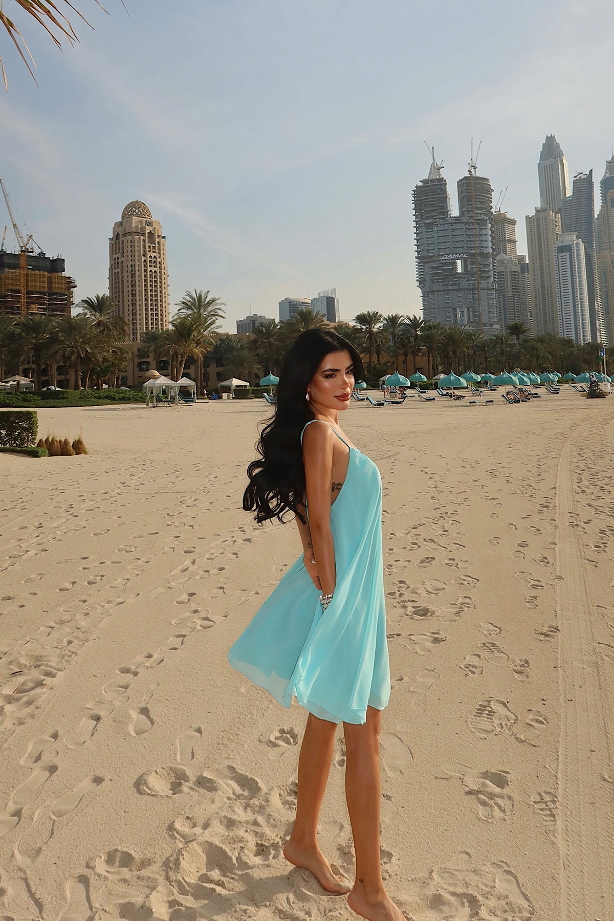 EYYO Isobel Turquoise Strappy Tulle Midi Dress - Full View