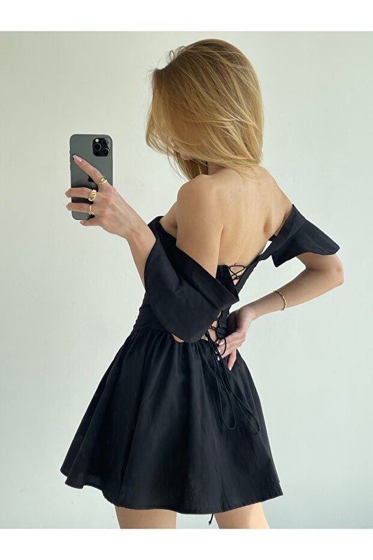 Back-Tie Poplin Mini Women's Dress - Black - Side view