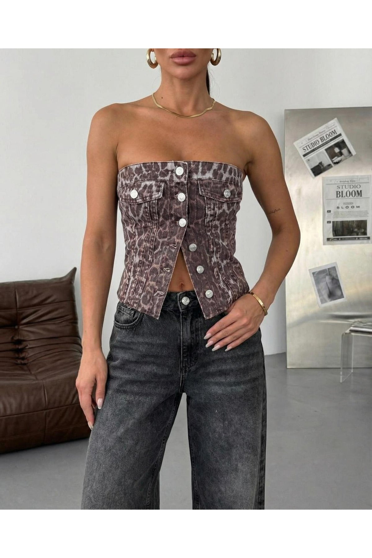 100% Cotton Denim Strapless Button-Front Crop Top