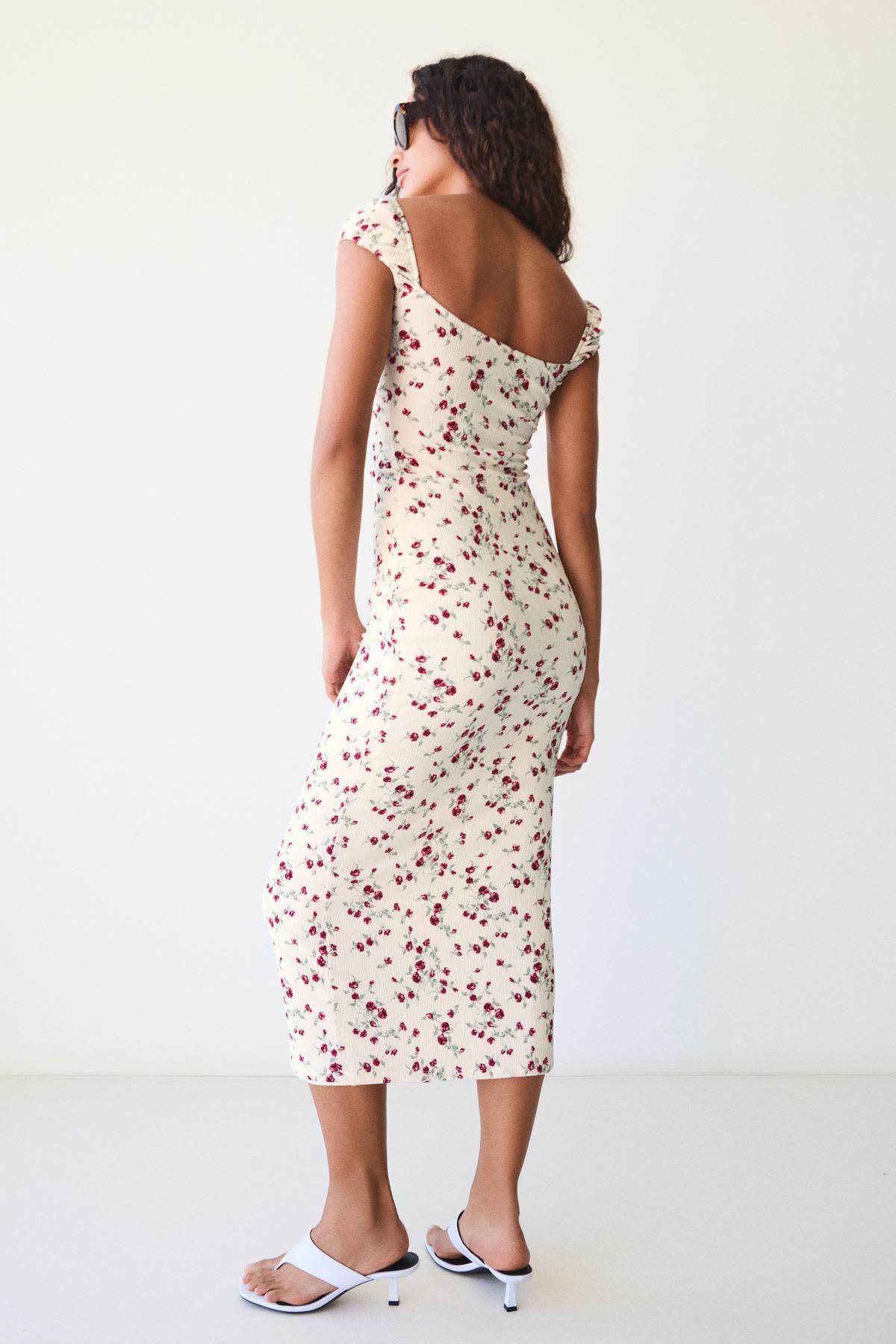 Bershka Lace Crinkle Midi Dress Cream