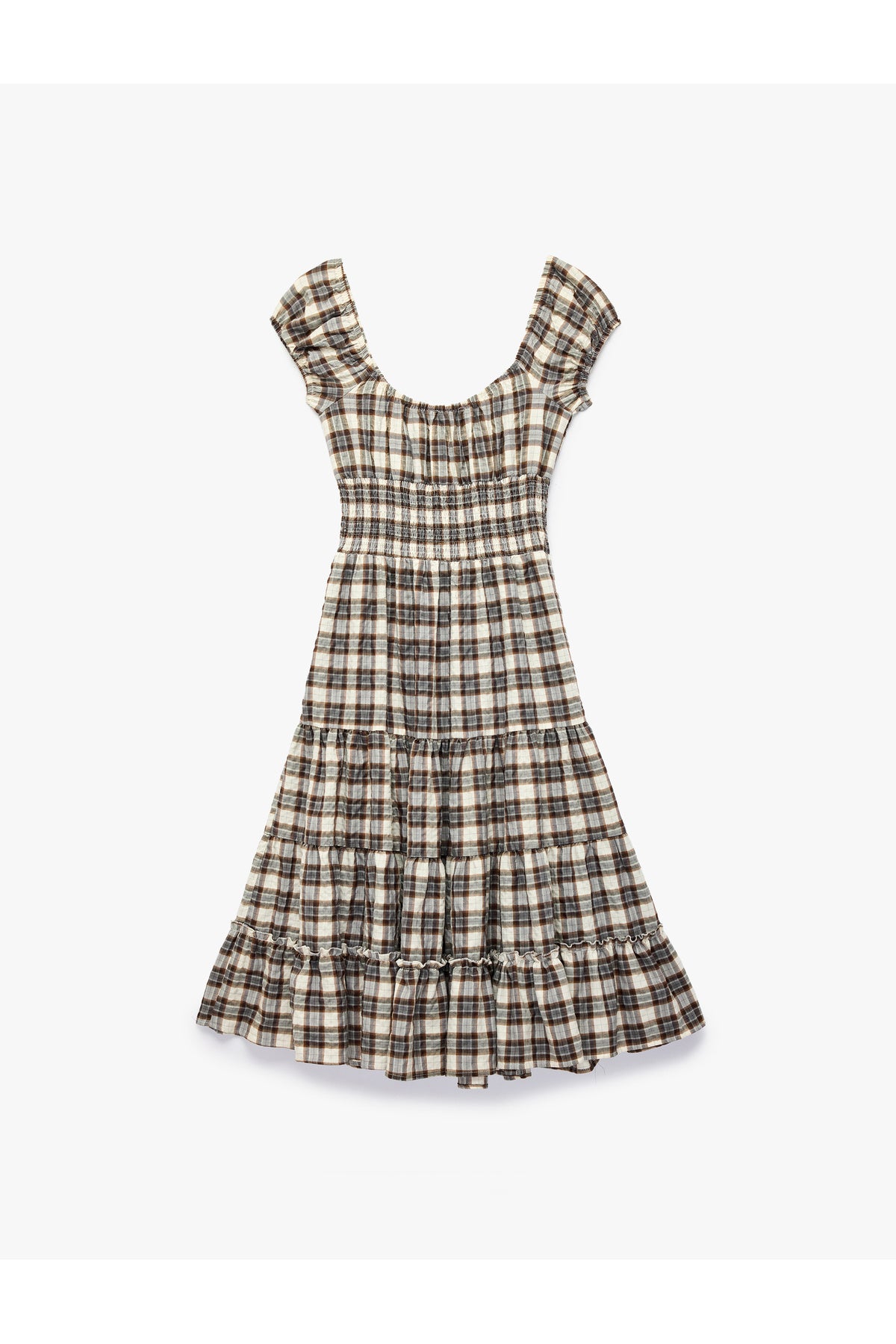 Koton Plaid Tiered Smocked Midi Dress Grey