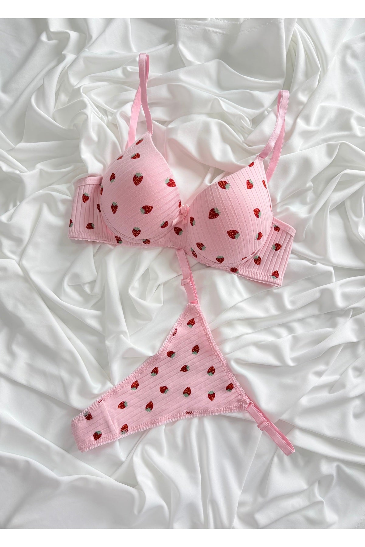 İNKO strawberry print pink bra and thong lingerie set