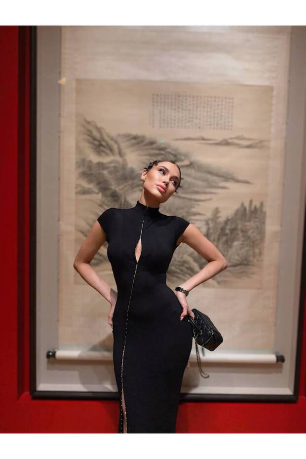 Women's Black Agraf Detailed Maxi Dress