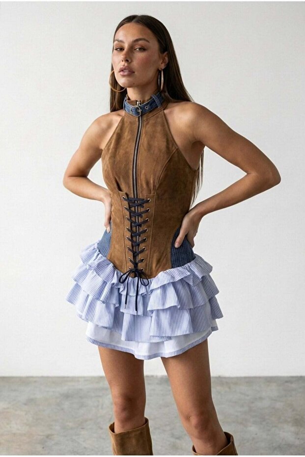 Women's Suede Detailed Design Dress - Image 6