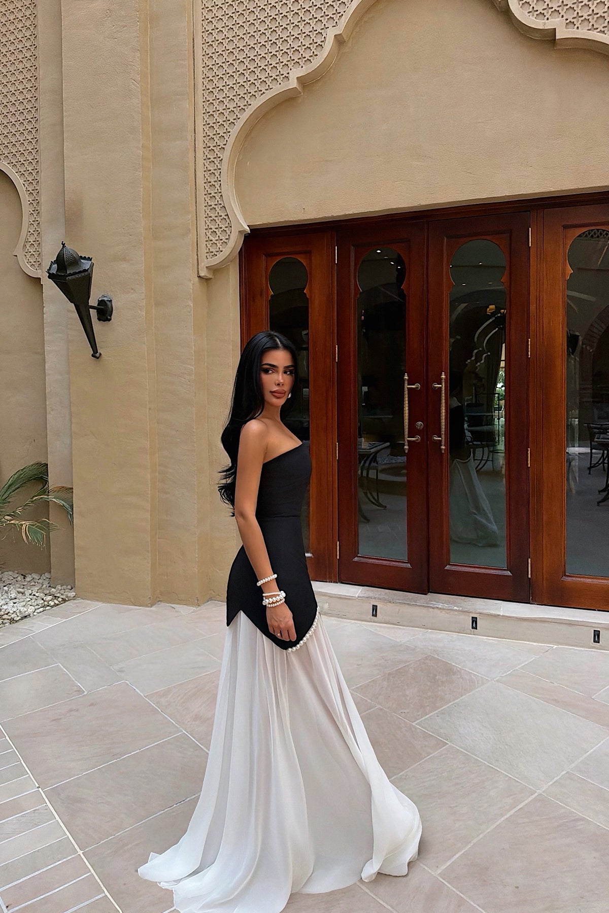 "Outta" Strapless Pearl Detail Long Evening Dress - Black