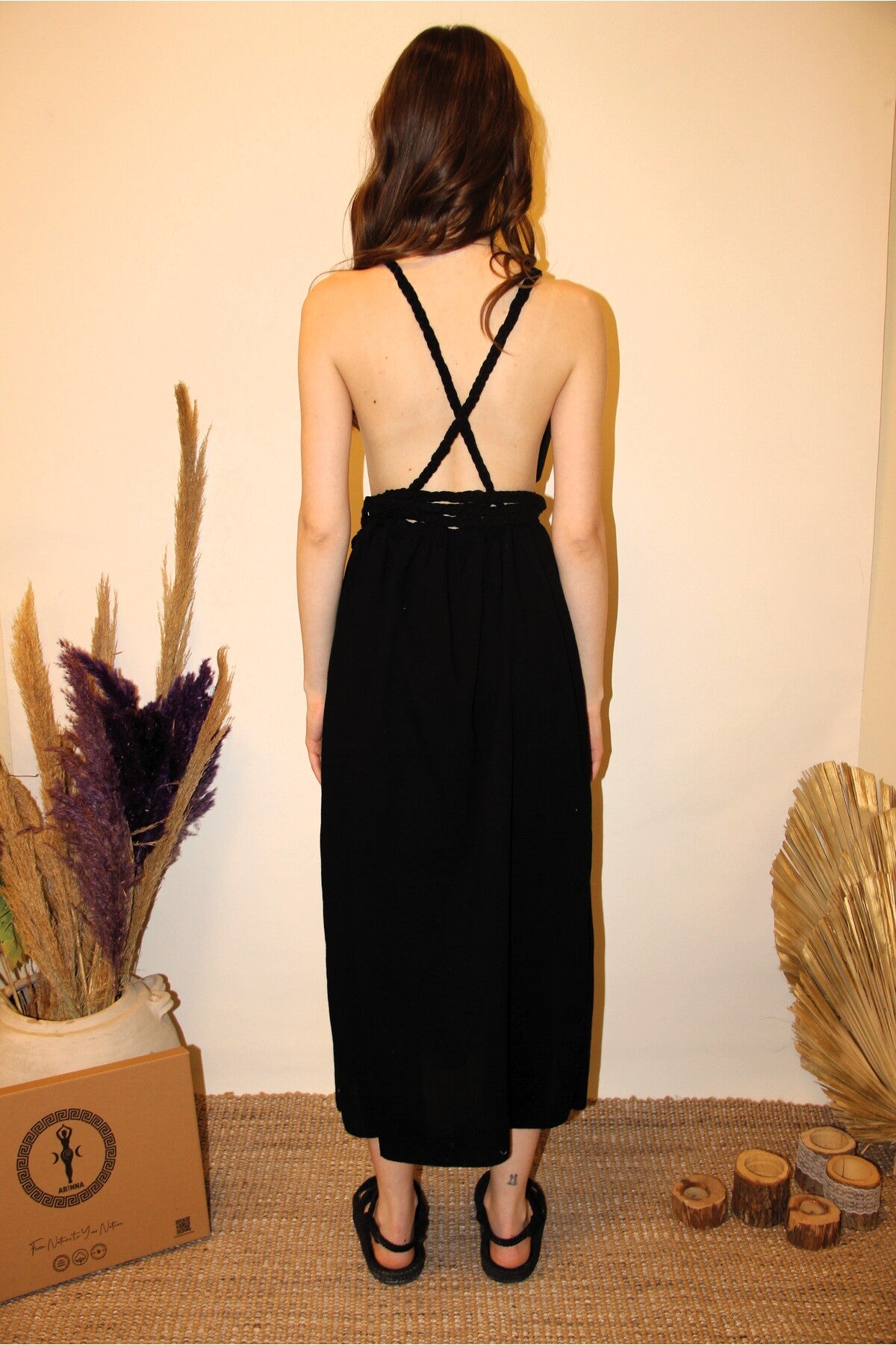 Arinna Side Knitted Strappy Slit Luna Dress – Black