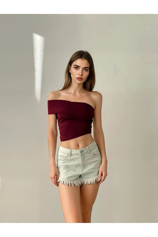 Women's One Shoulder Gathered Blouse - Burgundy
