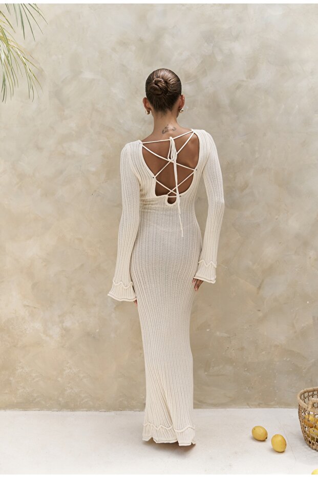 BOHEMAI Matias Backless Ecru Knitwear Long Dress - 5