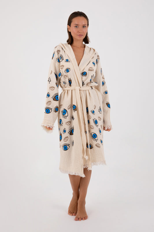 Dokubba Evil-Eye Print Muslin Bathrobe – Ecru