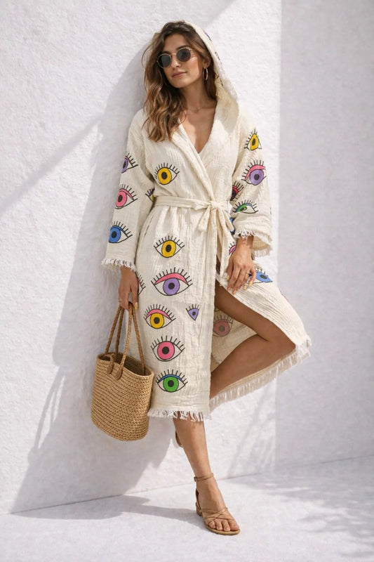 Caspara Muslin Cotton Beach Bornoz Kimono – Rainbow Eye Print
