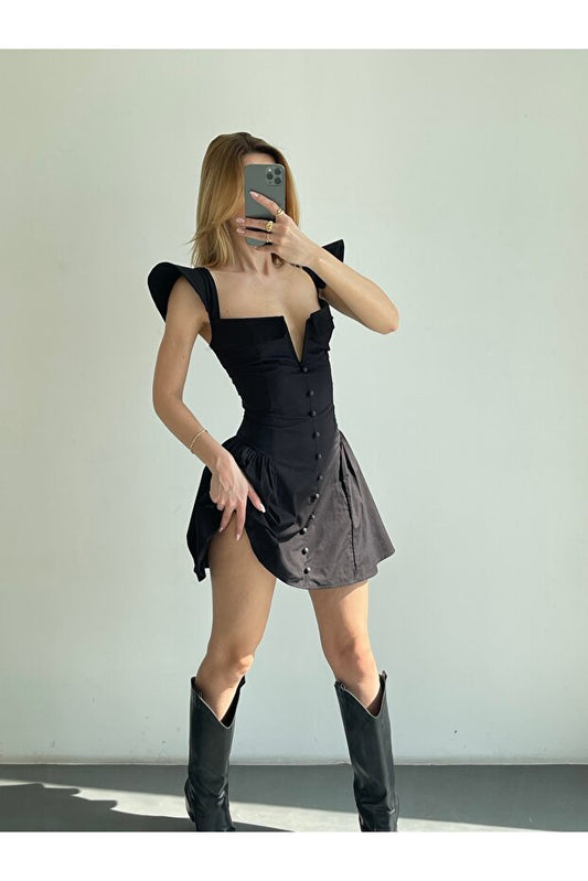 Back-Tie Poplin Mini Women's Dress - Black - Front view