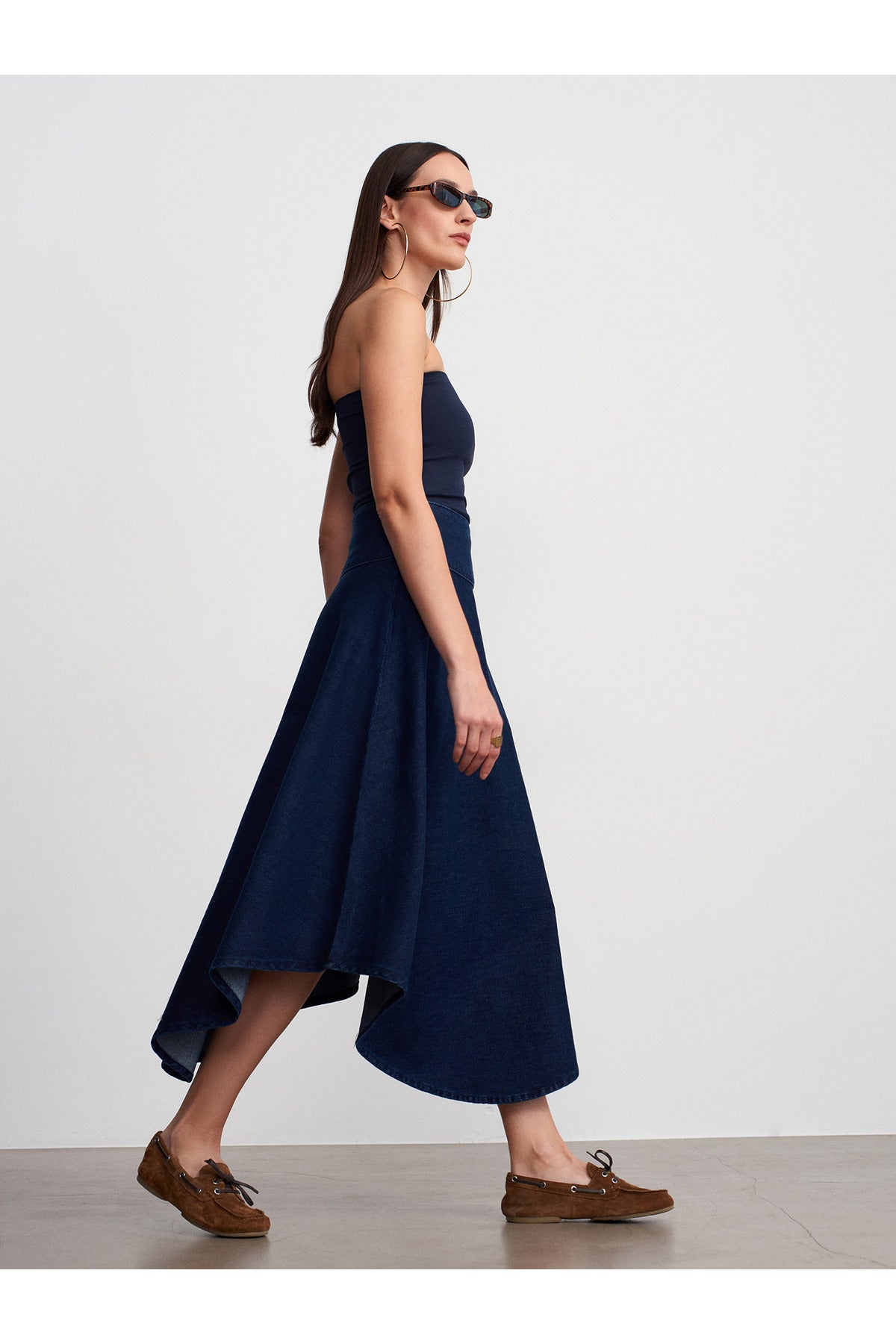 100% Cotton Denim Flared Midi Skirt - Navy