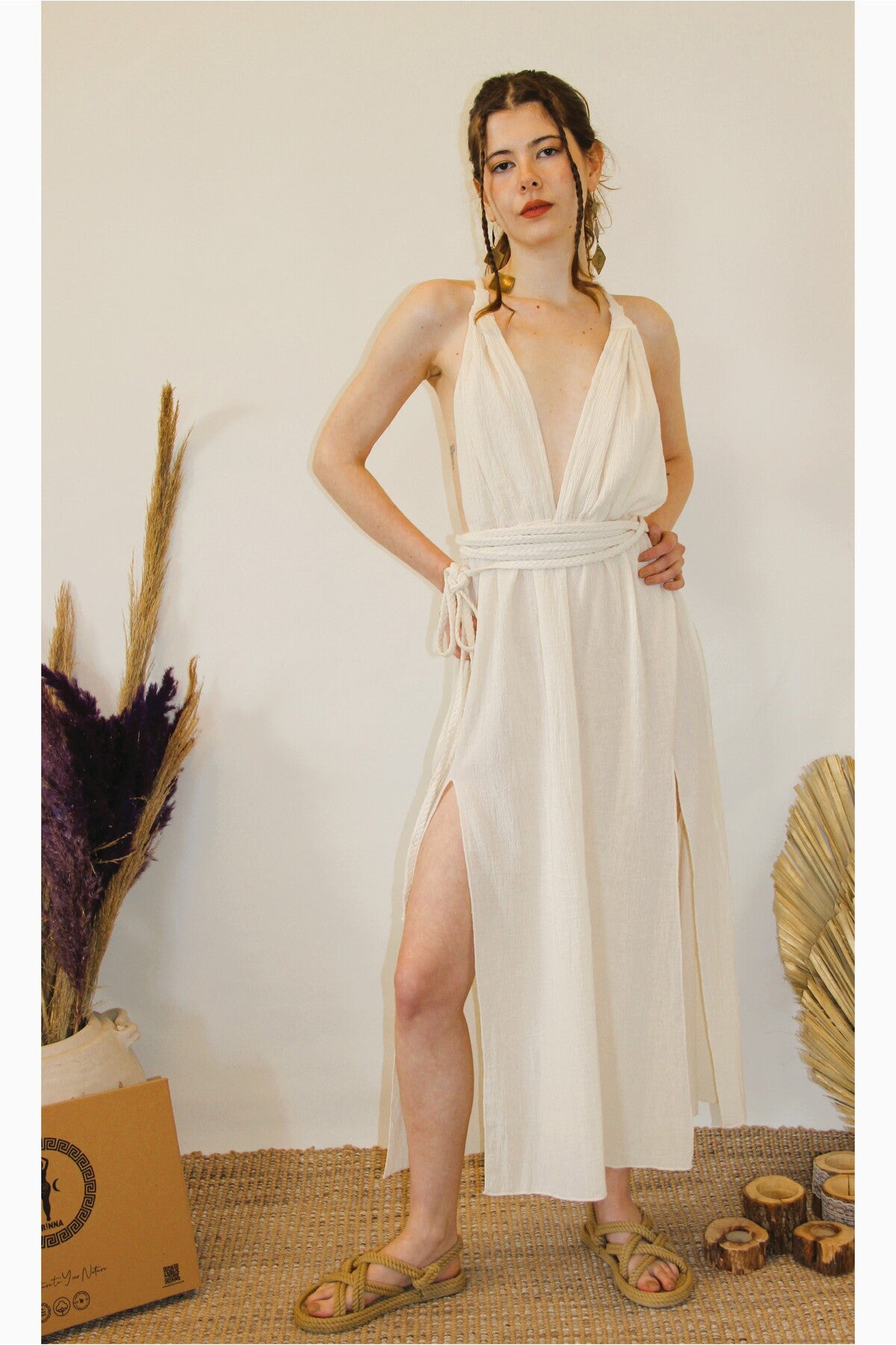 Arinna Side Knitted Strappy Slit Luna Dress – Cream