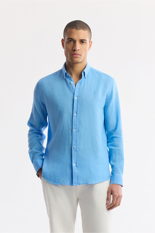 AVVA Men's Blue Linen Shirt - Front